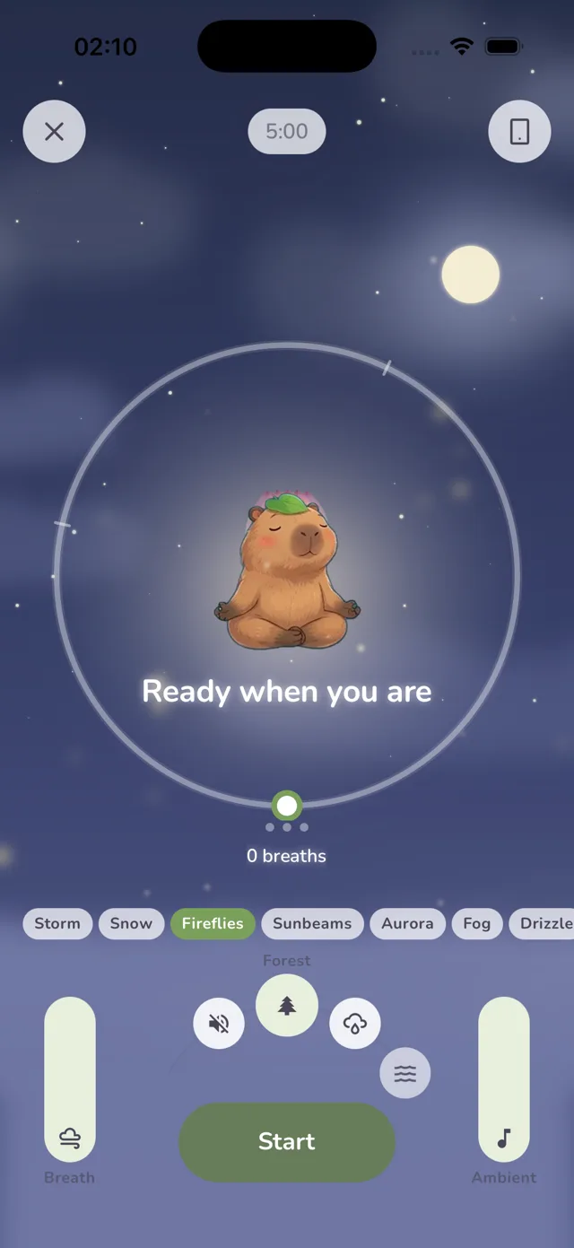 Breathing session at night: Cappy meditates inside a glowing breath ring under the moon, with ambient sound and volume controls below.